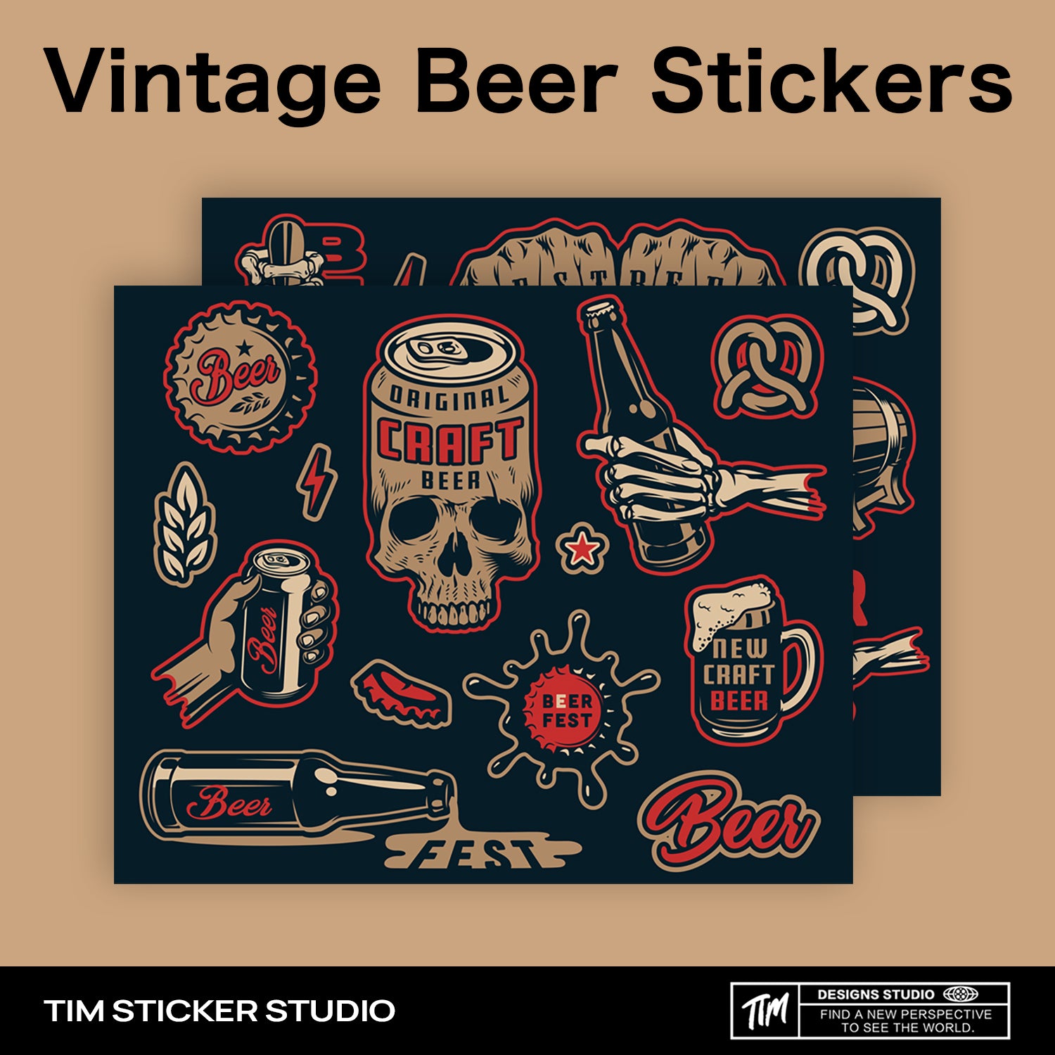 Vintage beer Waterproof Stickers, Skull Style Vinyl Sticker Style Decal for Laptop, Water Bottle, Car, Skateboard, Phone, 13 PCS, Reusable TIM STICKER®