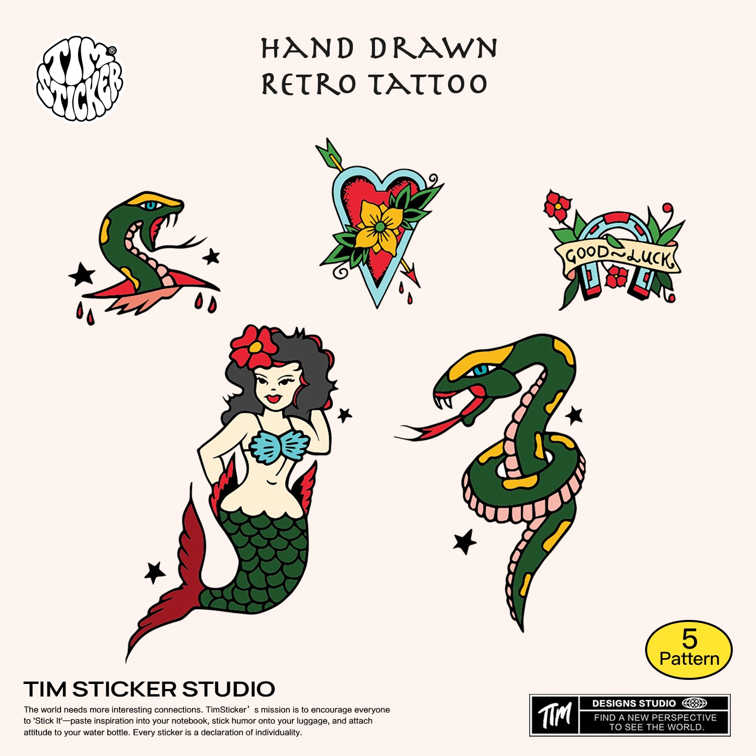 Hand-Drawn Vintage Temporary Tattoos – 1Set 5 Sheets Unique & Artistic Fake Tattoos for Adults, Waterproof & Easy to Apply, Perfect for Festivals, Parties, and Cosplay, TIM STICKER®