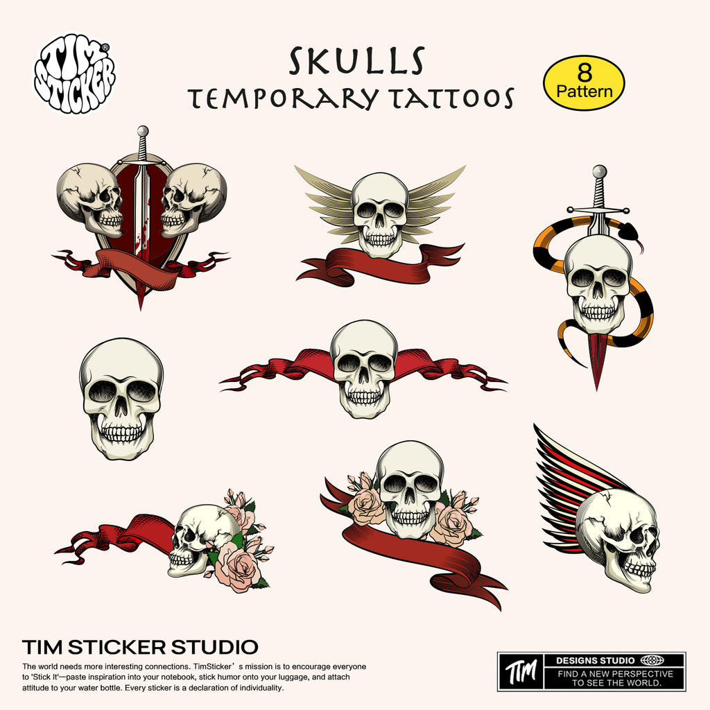 Skulls Temporary Tattoos, 1 Set 8 Sheets Semi Permanent Tattoo, Adult Art Design Temporary Tattoos, Lasts 5-7 Days, Waterproof & Easy to Apply, Realistic Look, No Adhesive, No Reflection, TIM STICKER®