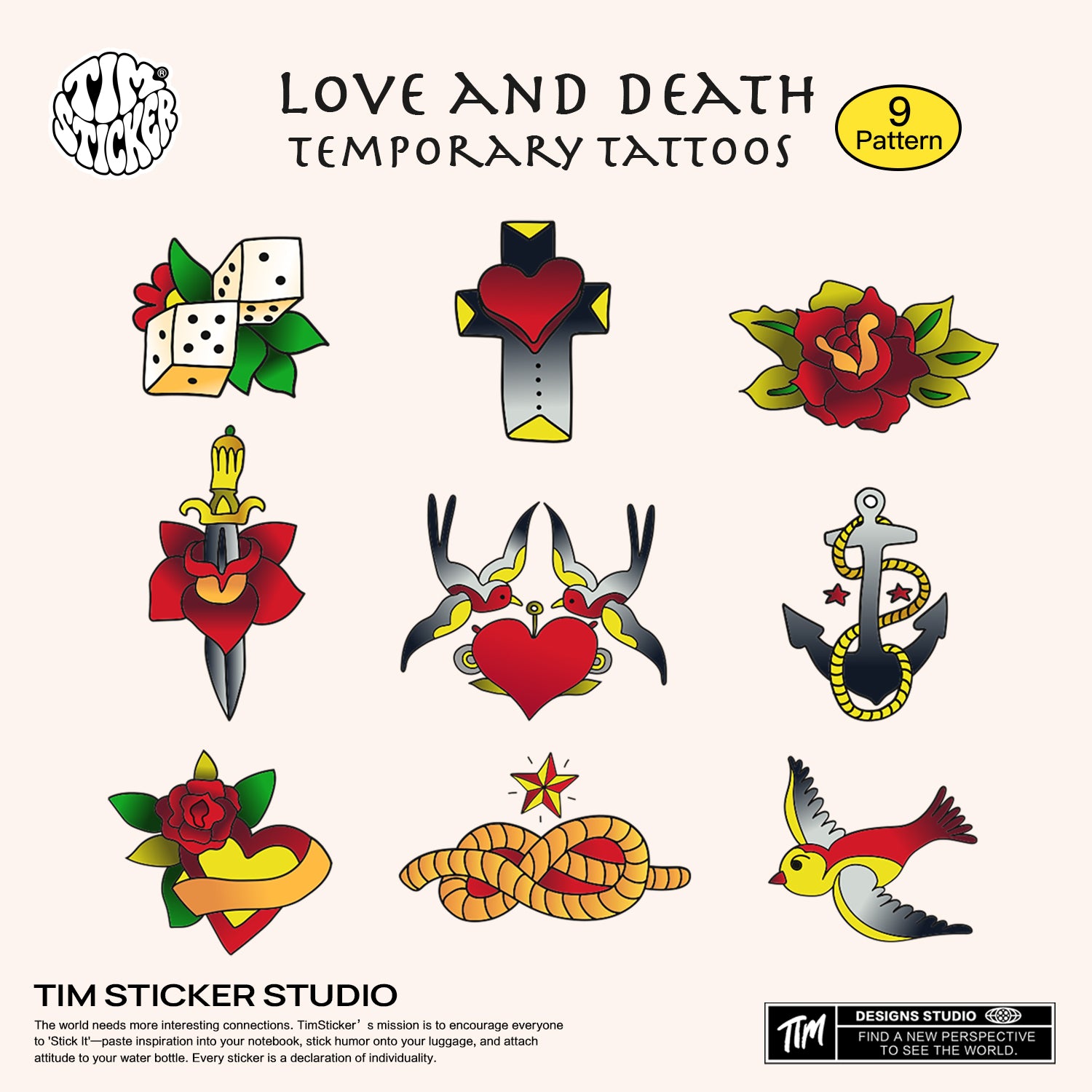 Love and Death Tattoos, 1 Set 9 Sheets Semi Permanent Tattoo, Adult Art Design Temporary Tattoos, Lasts 5-7 Days, Waterproof & Easy to Apply, Realistic Look, No Adhesive, No Reflection, TIM STICKER®