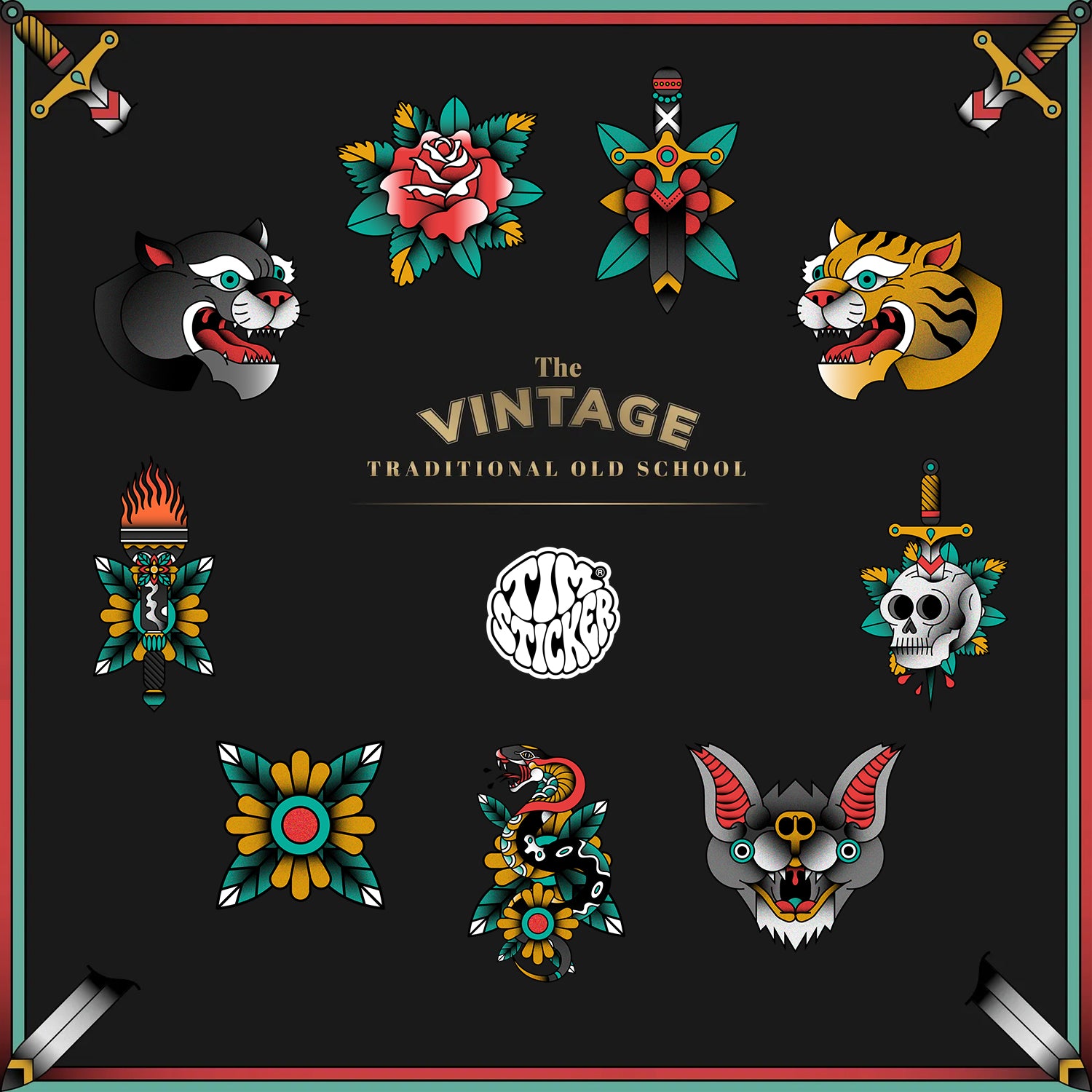 Traditional Old School Tattoo Pattern Stickers Pack 9 PCS TIM STICKER®