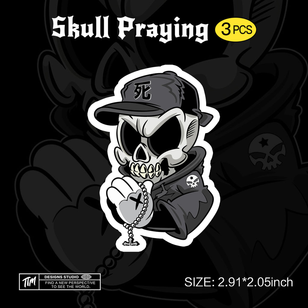 Trendy Waterproof Vinyl Stickers, Skull Praying Decal for Laptop, Water Bottle, Skateboard, Car, Aesthetic Cool UV Resistant Sticker Pack 3 PCS TIM STICKER®