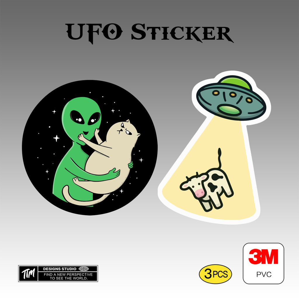 Alien UFO Stickers Pack – Space Flying Saucer Vinyl Decals for Laptop, Water Bottle, Skateboard, Phone Case, Sci-Fi Aesthetic Sticker, 3 PCS, Not Reusable TIM STICKER®