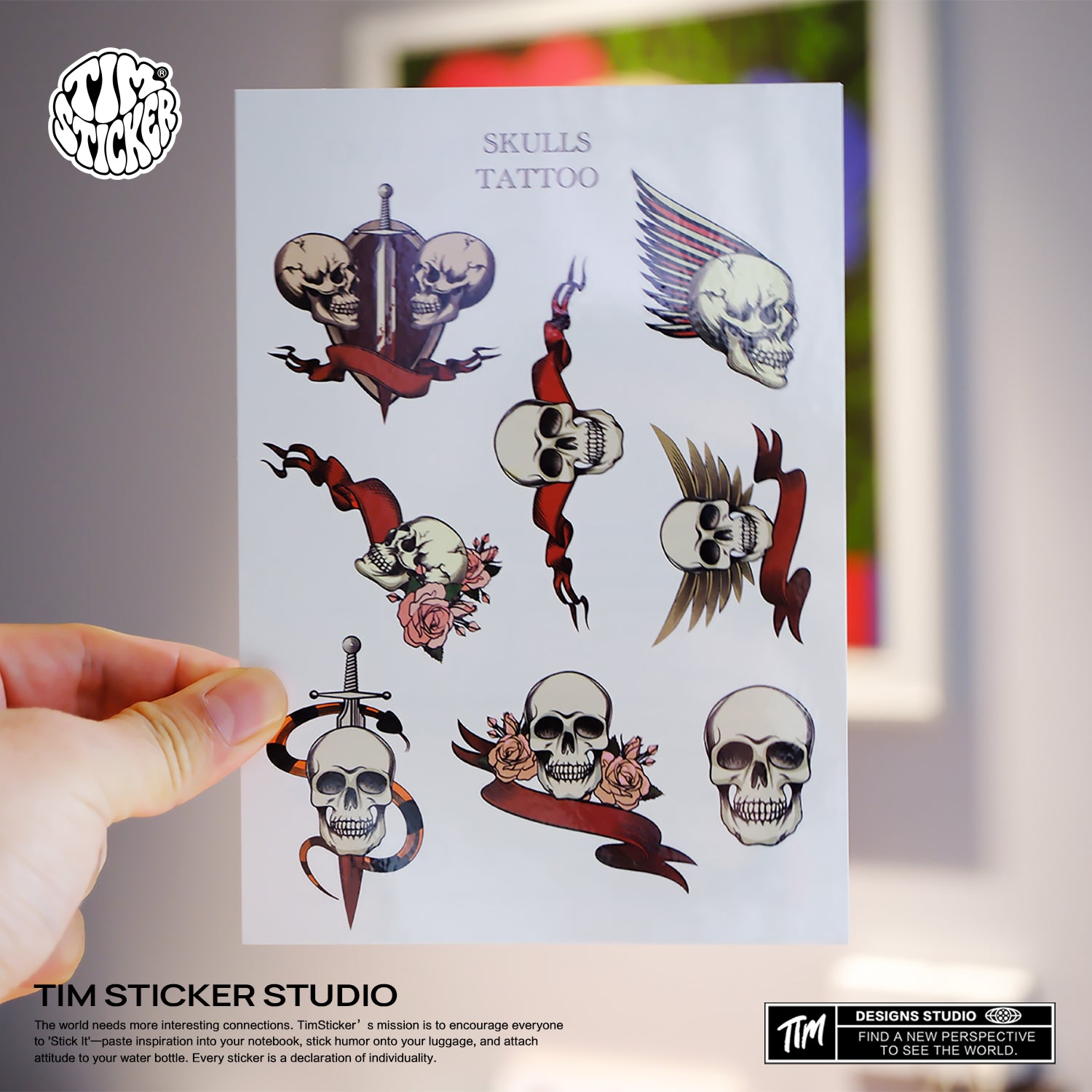 Skulls Temporary Tattoos, 1 Set 8 Sheets Semi Permanent Tattoo, Adult Art Design Temporary Tattoos, Lasts 5-7 Days, Waterproof & Easy to Apply, Realistic Look, No Adhesive, No Reflection, TIM STICKER®