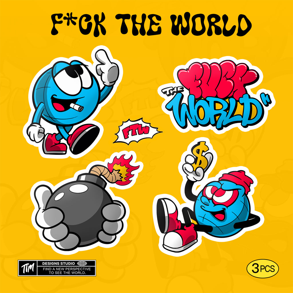 F*ck the world Stickers Pack – Funny Quote Aesthetic Vinyl Decals for Laptop, Water Bottle, Skateboard, Phone Case, Cool Trendy Stickers for Teens 3 PCS, Not Reusable TIM STICKER®