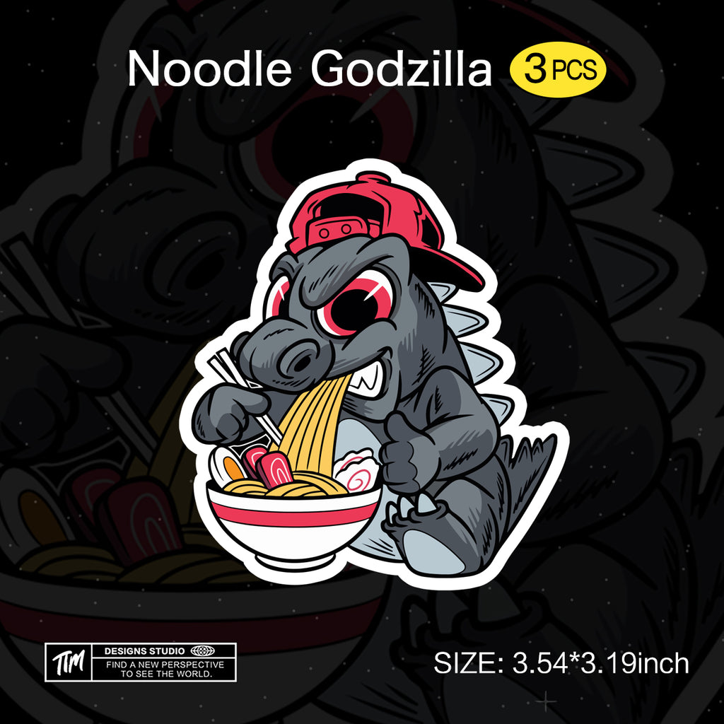 Noodle Godzilla Waterproof Stickers – Japanese Monster Vinyl Decals for Laptop, Water Bottle, Skateboard, Phone Case, Cool Trendy Sticker for Teens 3 PCS, Not Reusable TIM STICKER®
