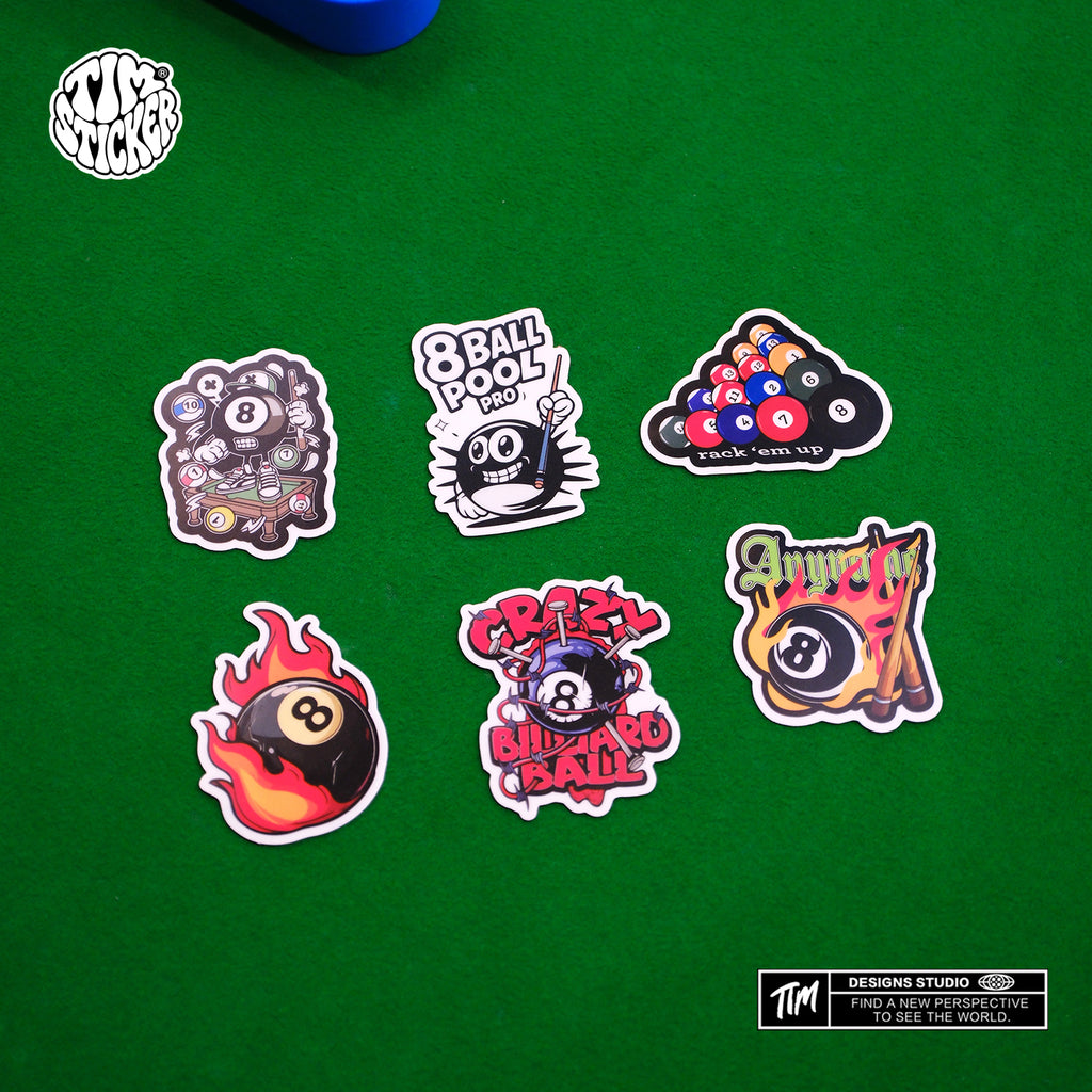 Pool Billiards Stickers Pack – 6pcs Pool Ball Cue Stick Vinyl Stickers for Skateboard, Laptop, Water Bottle, Phone, Billiards Lover Gift, Not Reusable TIM STICKER®
