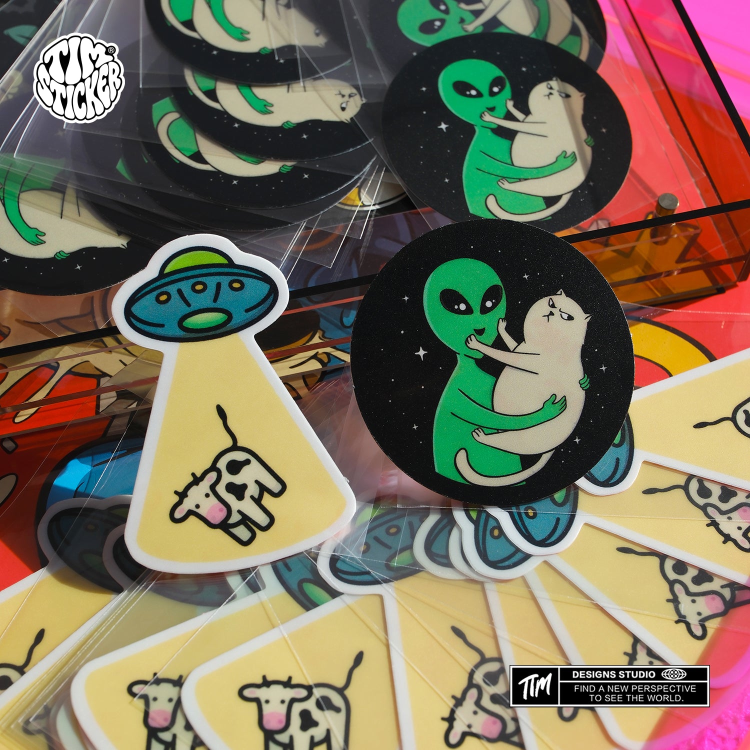 Alien UFO Stickers Pack – Space Flying Saucer Vinyl Decals for Laptop, Water Bottle, Skateboard, Phone Case, Sci-Fi Aesthetic Sticker, 3 PCS, Not Reusable TIM STICKER®