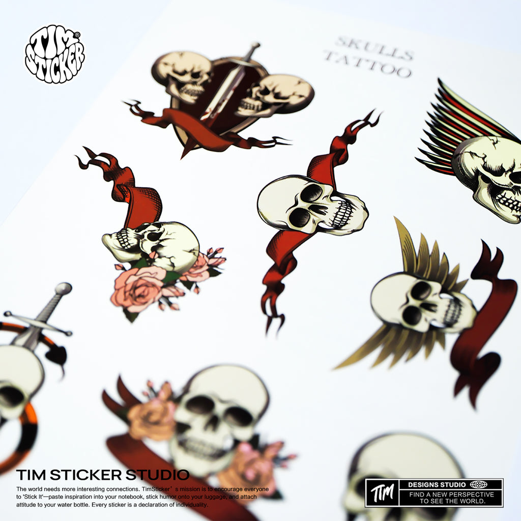 Skulls Temporary Tattoos, 1 Set 8 Sheets Semi Permanent Tattoo, Adult Art Design Temporary Tattoos, Lasts 5-7 Days, Waterproof & Easy to Apply, Realistic Look, No Adhesive, No Reflection, TIM STICKER®