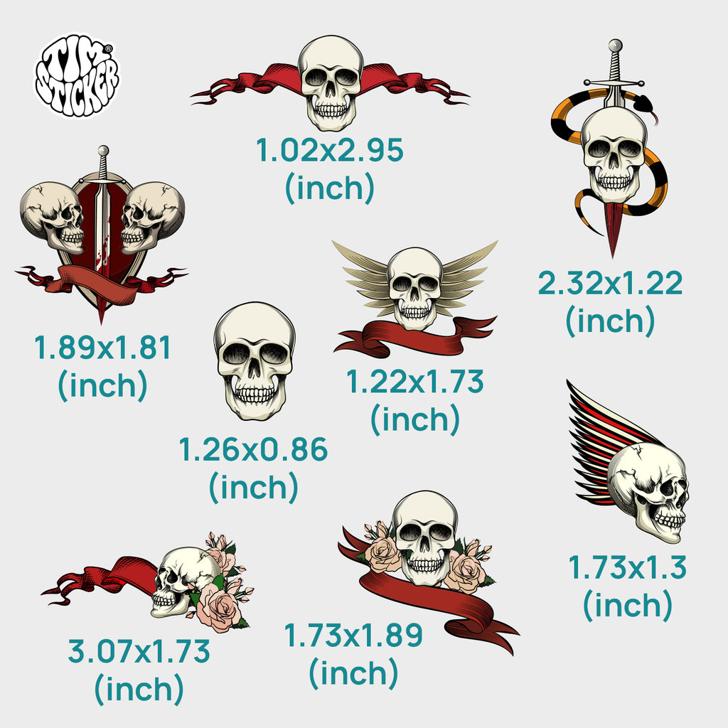 Skulls Temporary Tattoos, 1 Set 8 Sheets Semi Permanent Tattoo, Adult Art Design Temporary Tattoos, Lasts 5-7 Days, Waterproof & Easy to Apply, Realistic Look, No Adhesive, No Reflection, TIM STICKER®