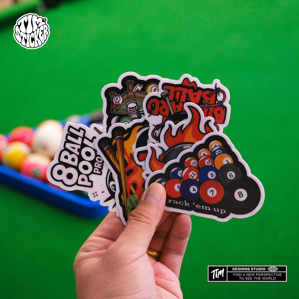 Pool Billiards Stickers Pack – 6pcs Pool Ball Cue Stick Vinyl Stickers for Skateboard, Laptop, Water Bottle, Phone, Billiards Lover Gift, Not Reusable TIM STICKER®