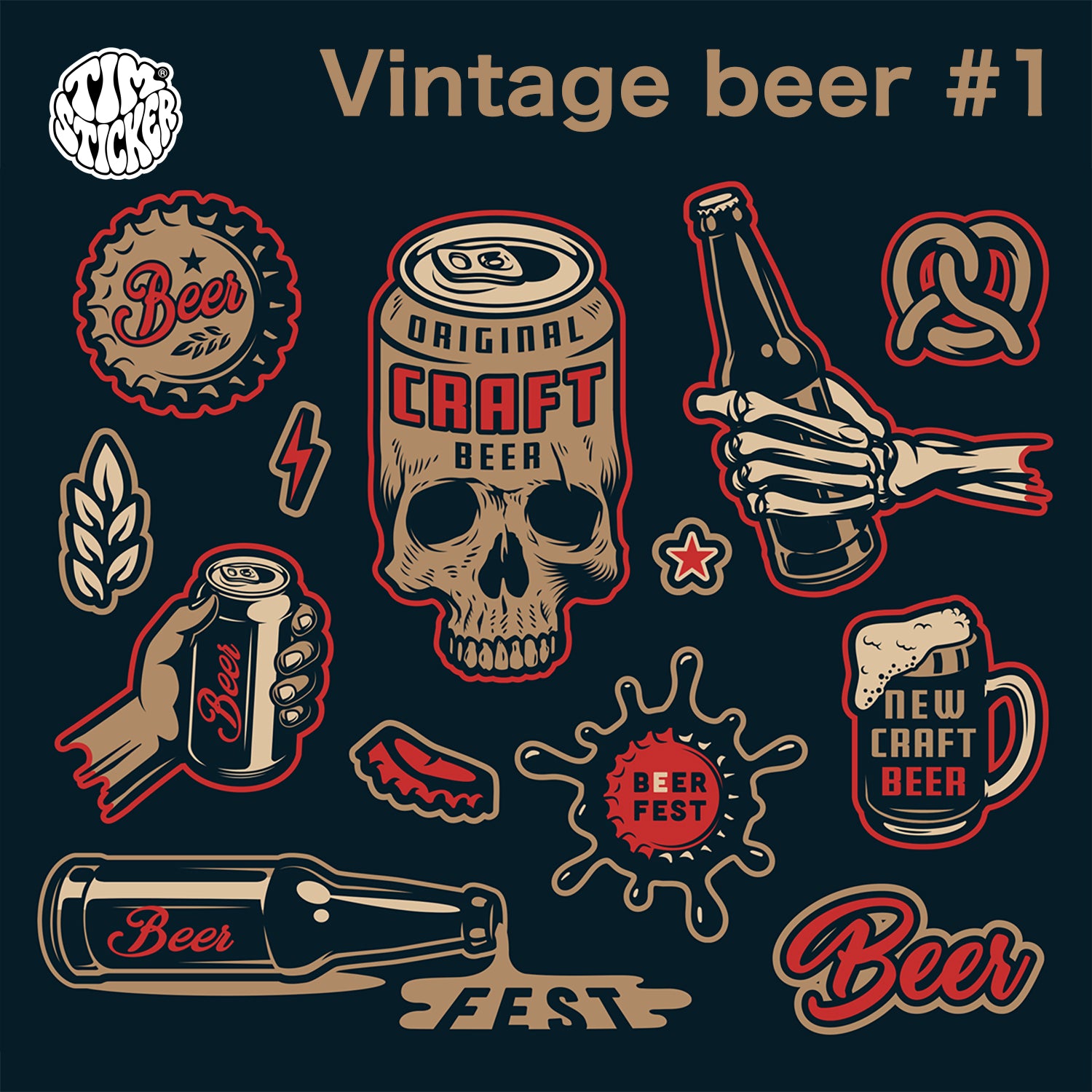 Vintage beer Waterproof Stickers, Skull Style Vinyl Sticker Style Decal for Laptop, Water Bottle, Car, Skateboard, Phone, 13 PCS, Reusable TIM STICKER®