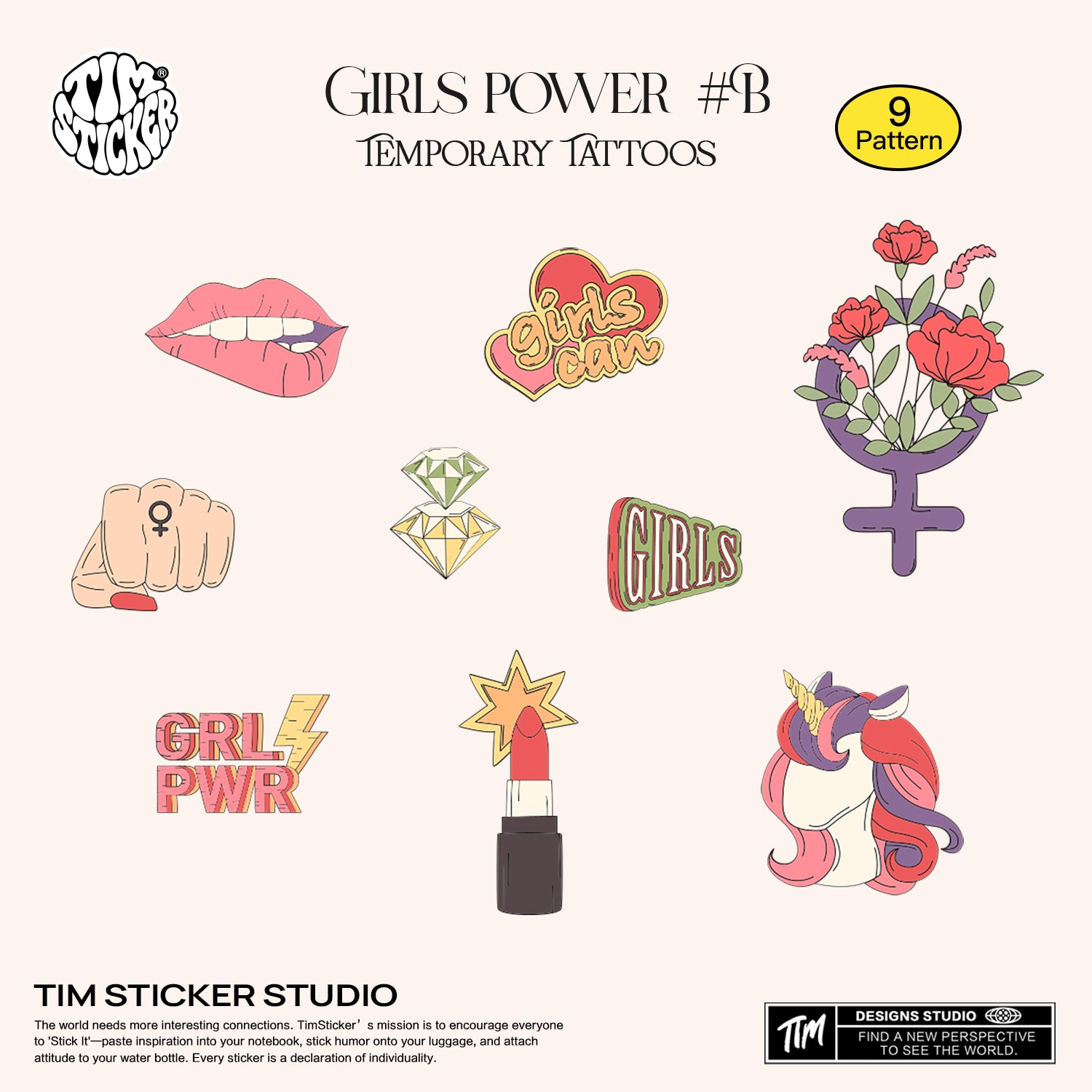 Girls Power Tattoos, 2 Set 18 Sheets Semi Permanent Tattoo, Adult Art Design Temporary Tattoos, Lasts 5-7 Days, Waterproof & Easy to Apply, Realistic Look, No Adhesive, No Reflection, TIM STICKER®