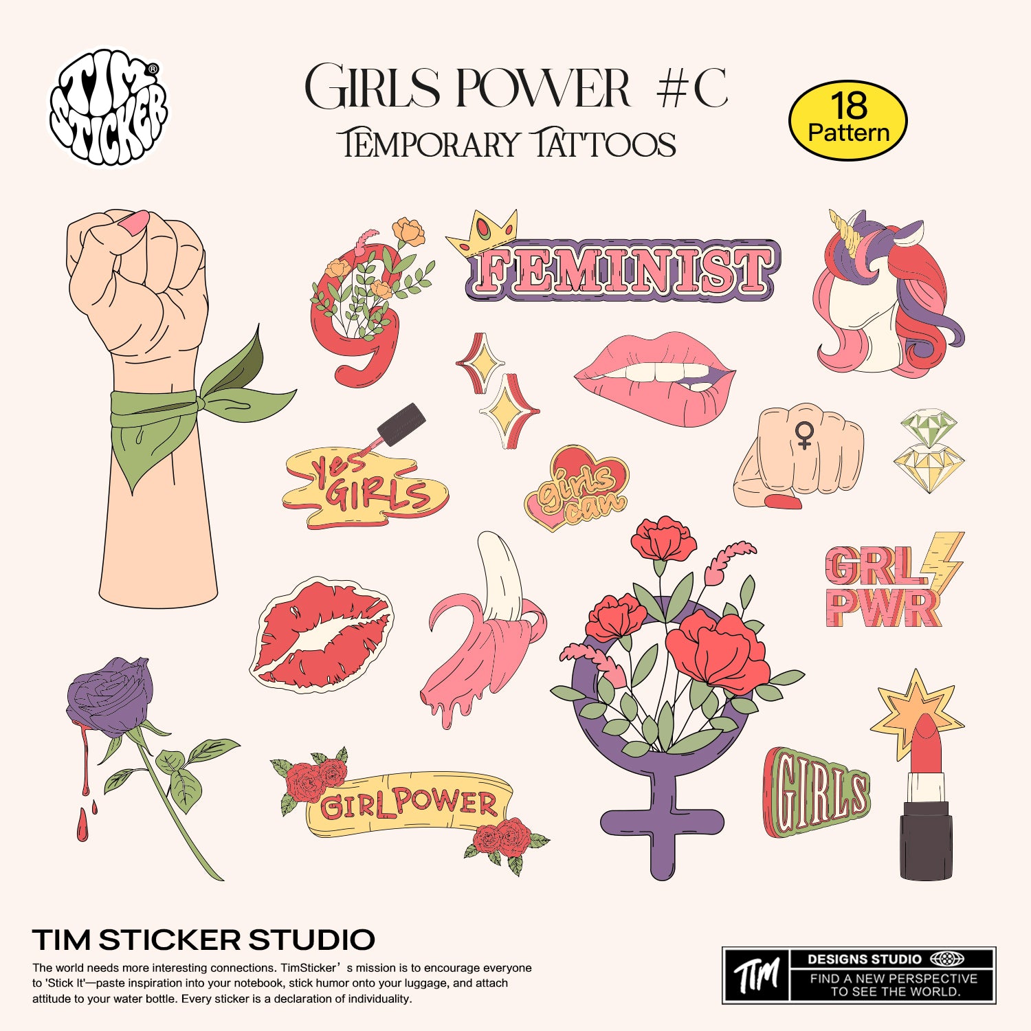 Girls Power Tattoos, 2 Set 18 Sheets Semi Permanent Tattoo, Adult Art Design Temporary Tattoos, Lasts 5-7 Days, Waterproof & Easy to Apply, Realistic Look, No Adhesive, No Reflection, TIM STICKER®