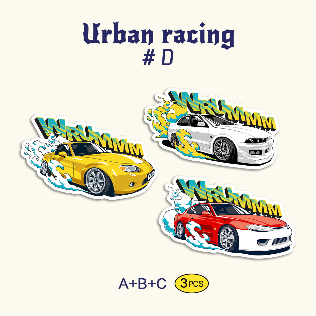 Trendy Waterproof Vinyl Stickers, Urban racing Decal for Laptop, Water Bottle, Skateboard, Car, Aesthetic Cool UV Resistant Sticker Pack 3 PCS TIM STICKER®
