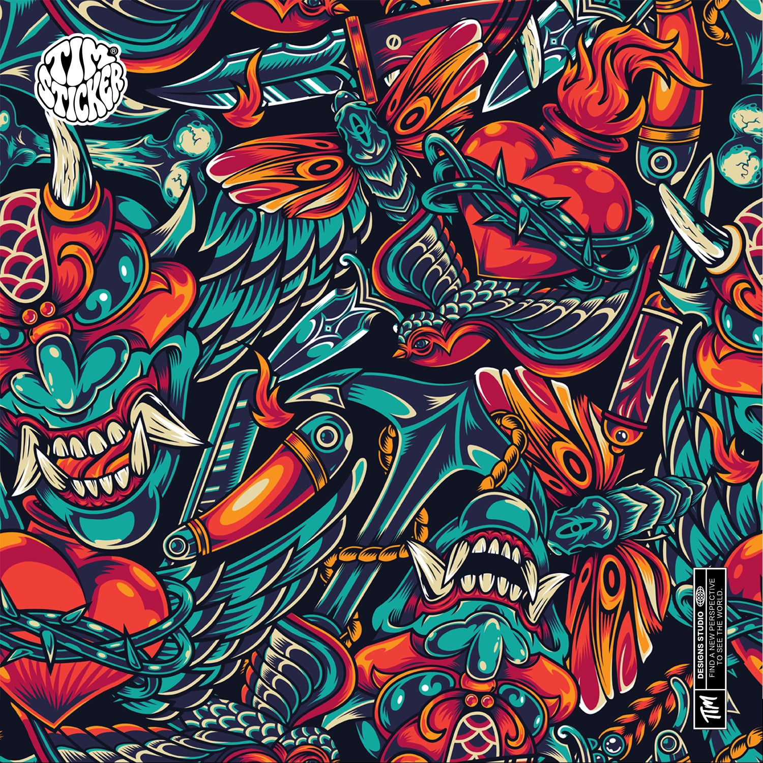 Devil Tattoo Style Sticker – Red & Green Skull, Heart and Dagger Vinyl Decal for Cars, Laptops & Windows, 3 PCS, Not Reusable, TIM STICKER®