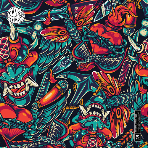 Devil Tattoo Style Sticker – Red & Green Skull, Heart and Dagger Vinyl Decal for Cars, Laptops & Windows, 3 PCS, Not Reusable, TIM STICKER®