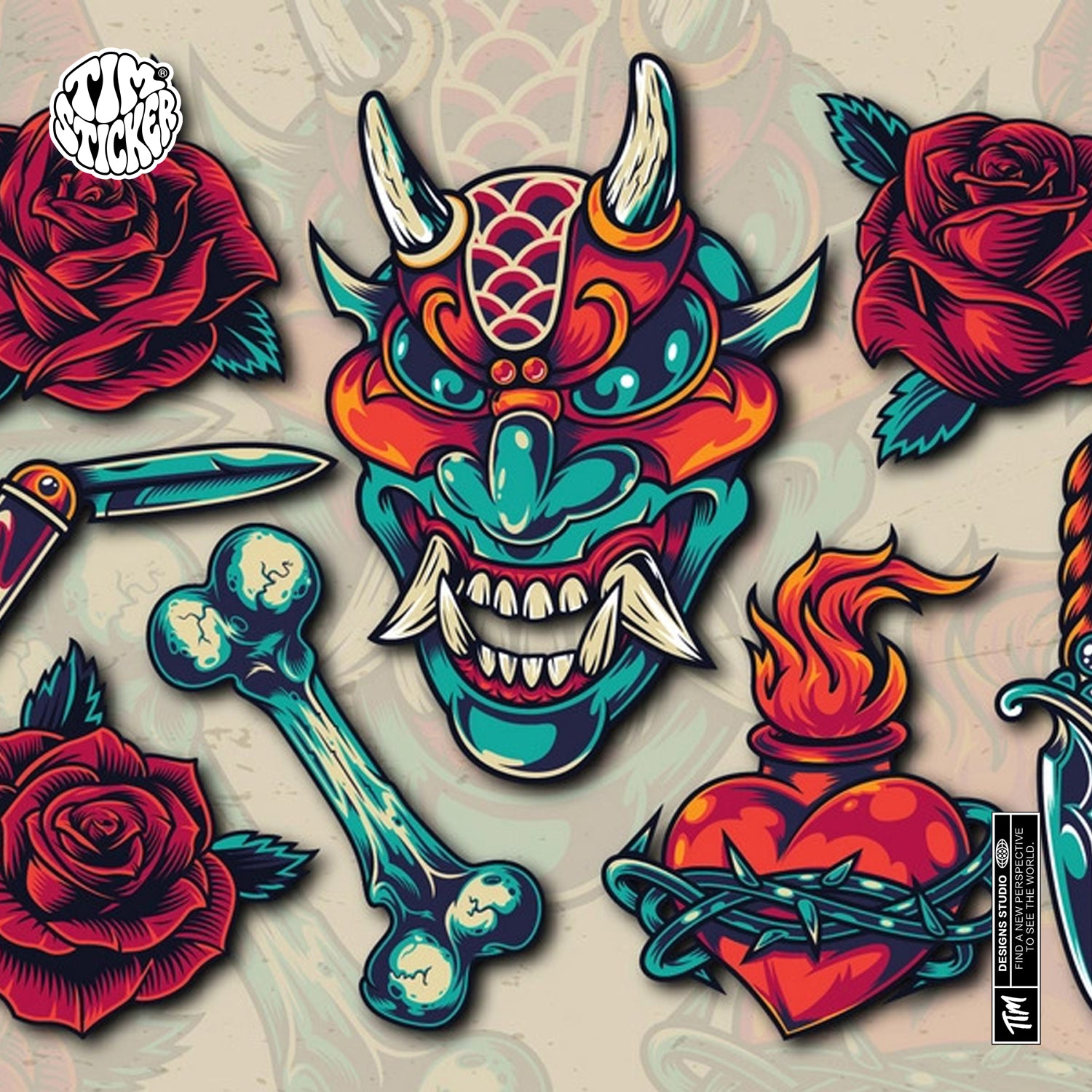 Devil Tattoo Style Sticker – Red & Green Skull, Heart and Dagger Vinyl Decal for Cars, Laptops & Windows, 3 PCS, Not Reusable, TIM STICKER®