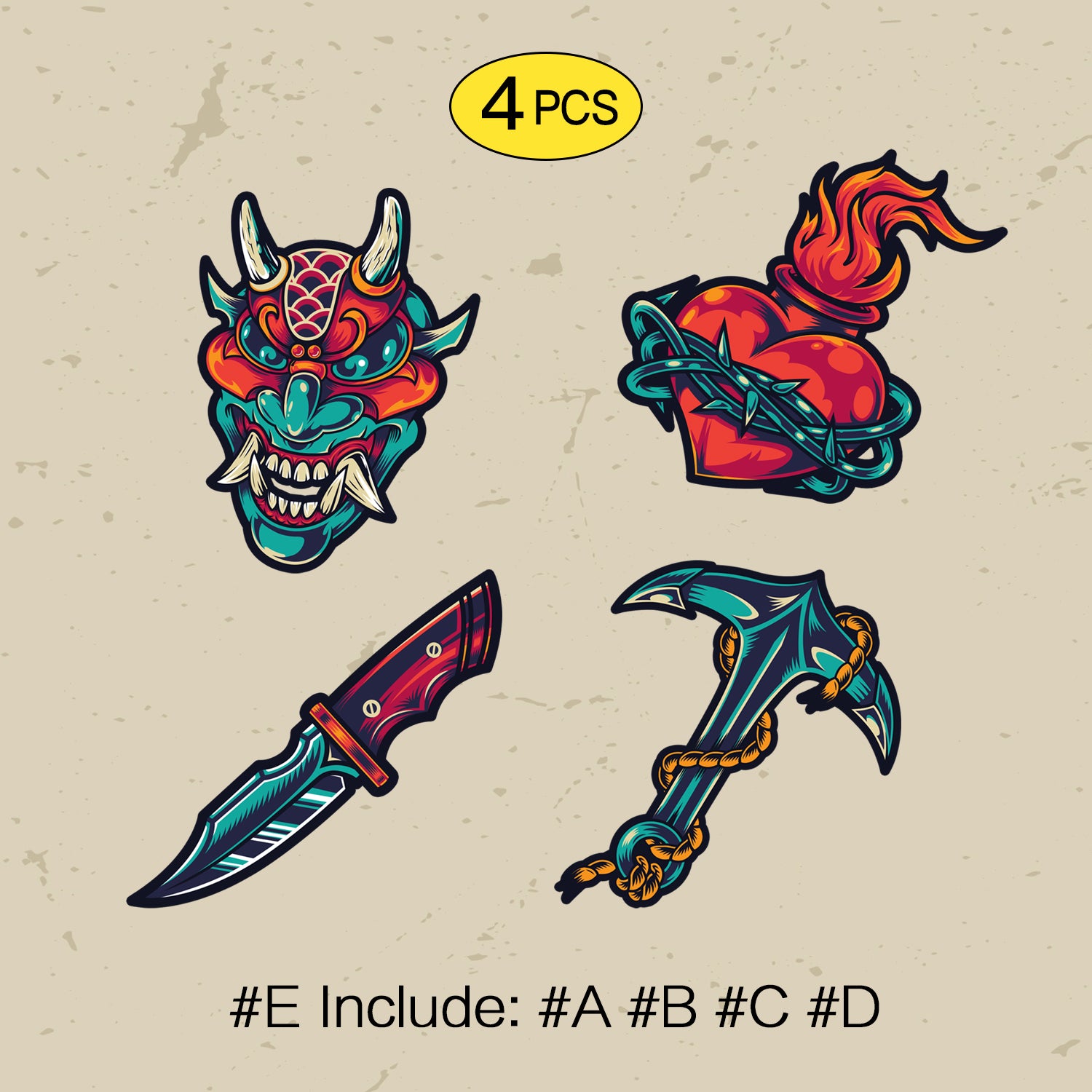 Devil Tattoo Style Sticker – Red & Green Skull, Heart and Dagger Vinyl Decal for Cars, Laptops & Windows, 3 PCS, Not Reusable, TIM STICKER®