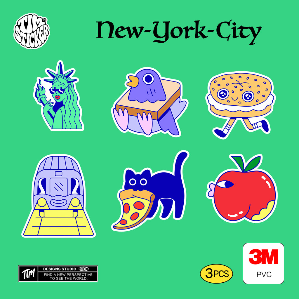 NewYorkCity Cartoon Fun Stickers Set, Includes 6 Patterns, Non-Toxic, Waterproof Kids Toys, Not Reusable TIM STICKER®