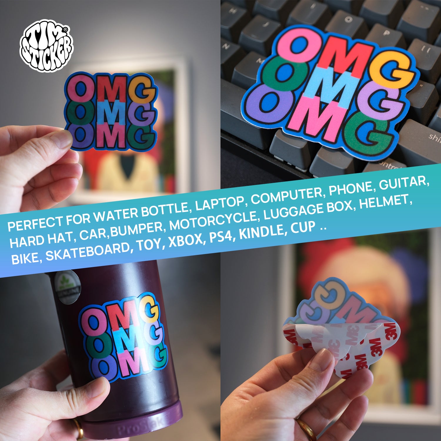OMG Word Patterns Waterproof Stickers, For Adults and Kids, 3 PCS, Not Reusable TIM STICKER®