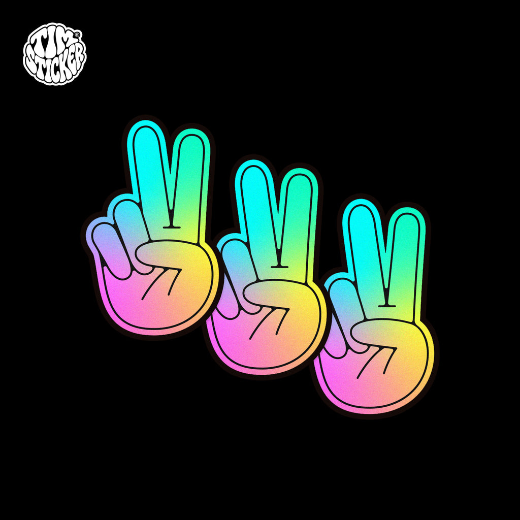 Peace Cartoon Hand Gesture Sticker – Colorful Holographic Style with 3M Adhesive for Cars, Laptops & Skateboard, 3 PCS, Not Reusable TIM STICKER®