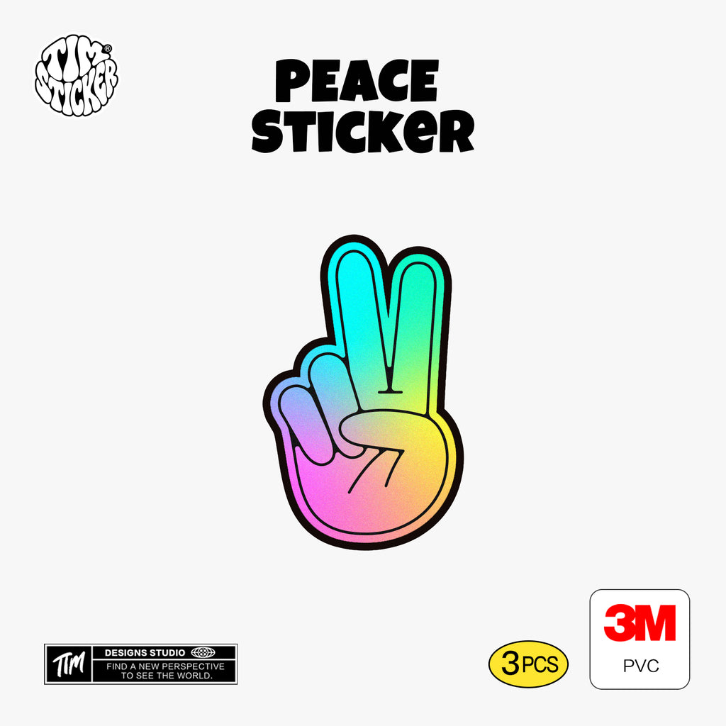 Peace Cartoon Hand Gesture Sticker – Colorful Holographic Style with 3M Adhesive for Cars, Laptops & Skateboard, 3 PCS, Not Reusable TIM STICKER®