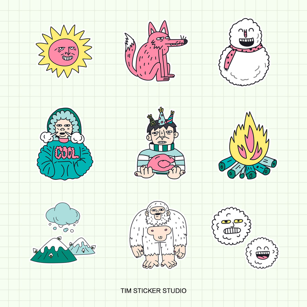 Winter Character Graffiti Sticker Pack – Hand-Drawn Style Vinyl Decal for Water Bottle, Laptops & Skate Gear, 3 PCS, Temporarily Reusable, TIM STICKER®