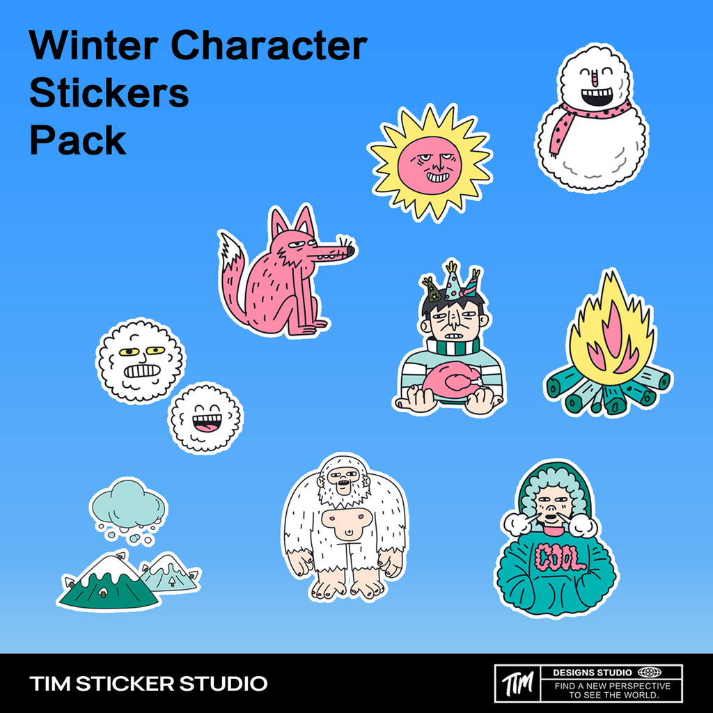 Winter Character Graffiti Sticker Pack – Hand-Drawn Style Vinyl Decal for Water Bottle, Laptops & Skate Gear, 3 PCS, Temporarily Reusable, TIM STICKER®