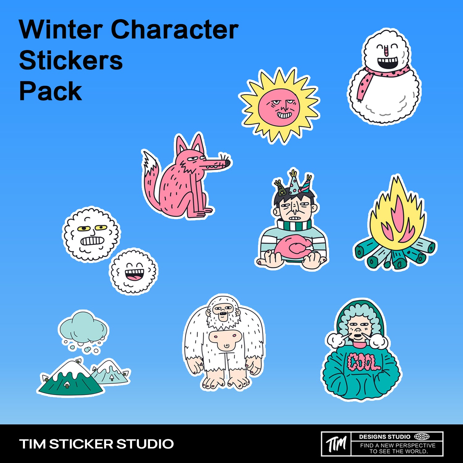 Winter Character Graffiti Sticker Pack – Hand-Drawn Style Vinyl Decal for Water Bottle, Laptops & Skate Gear, 3 PCS, Temporarily Reusable, TIM STICKER®