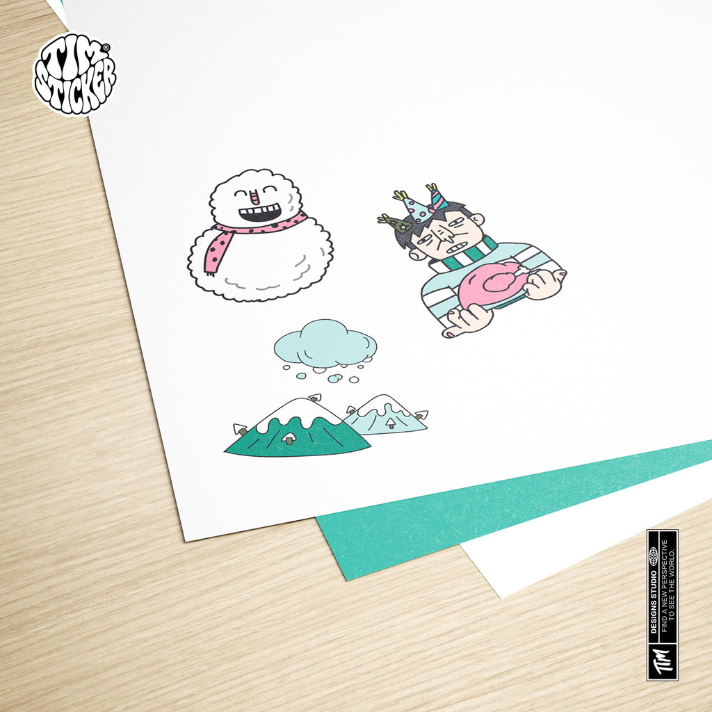 Winter Character Graffiti Sticker Pack – Hand-Drawn Style Vinyl Decal for Water Bottle, Laptops & Skate Gear, 3 PCS, Temporarily Reusable, TIM STICKER®